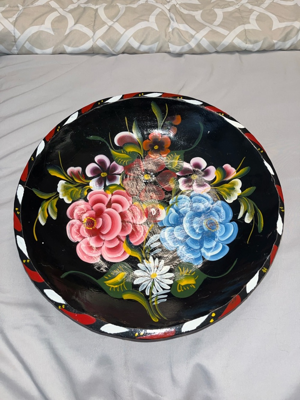 Hand-Painted Floral Decorative Wall Plate - Black with Pink & Blue Flowers